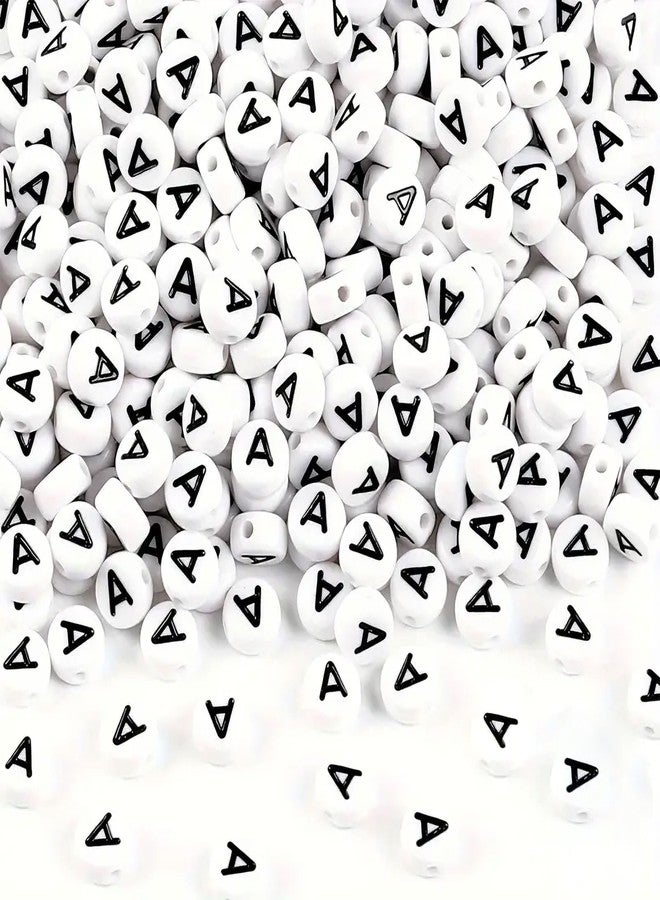 INDIKONB Alphabet Round Letter Beads - Pack of 200 White Beads with Black Letters, Perfect for Friendship Bracelets, Name Bracelets, Phone Charms, and Craft Projects (A)